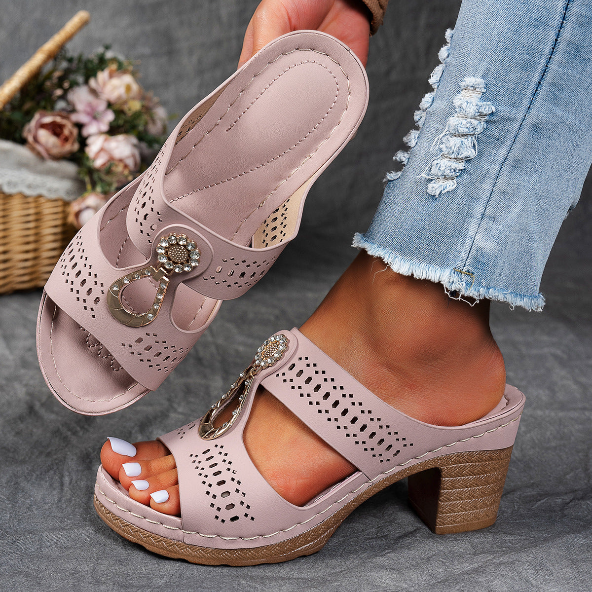 Orthopedic Rhinestones Heel Sandals